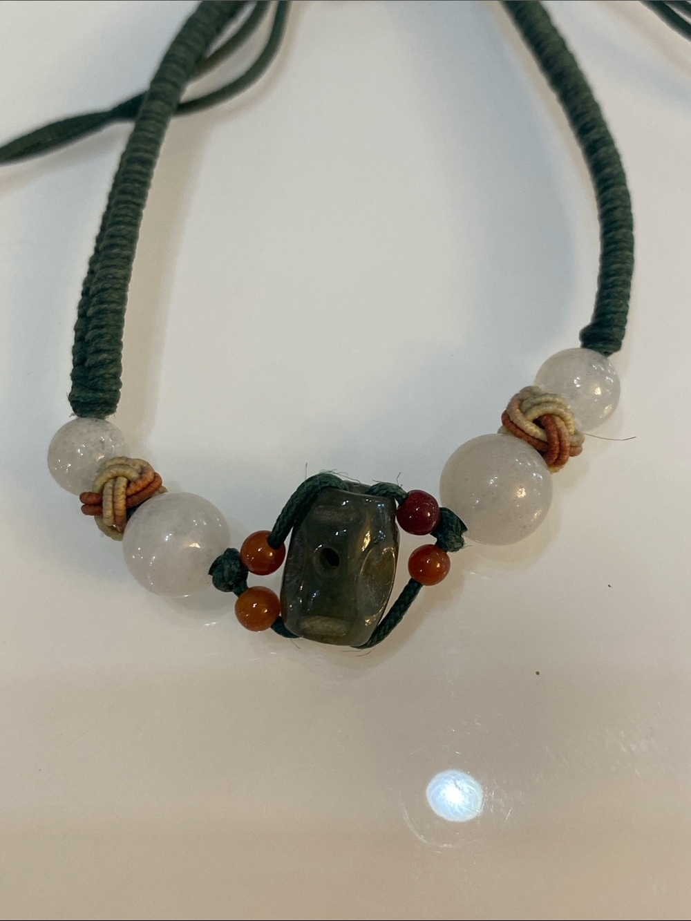 Hand-Knotted Beaded Macramé Bracelet in Forest Green and White